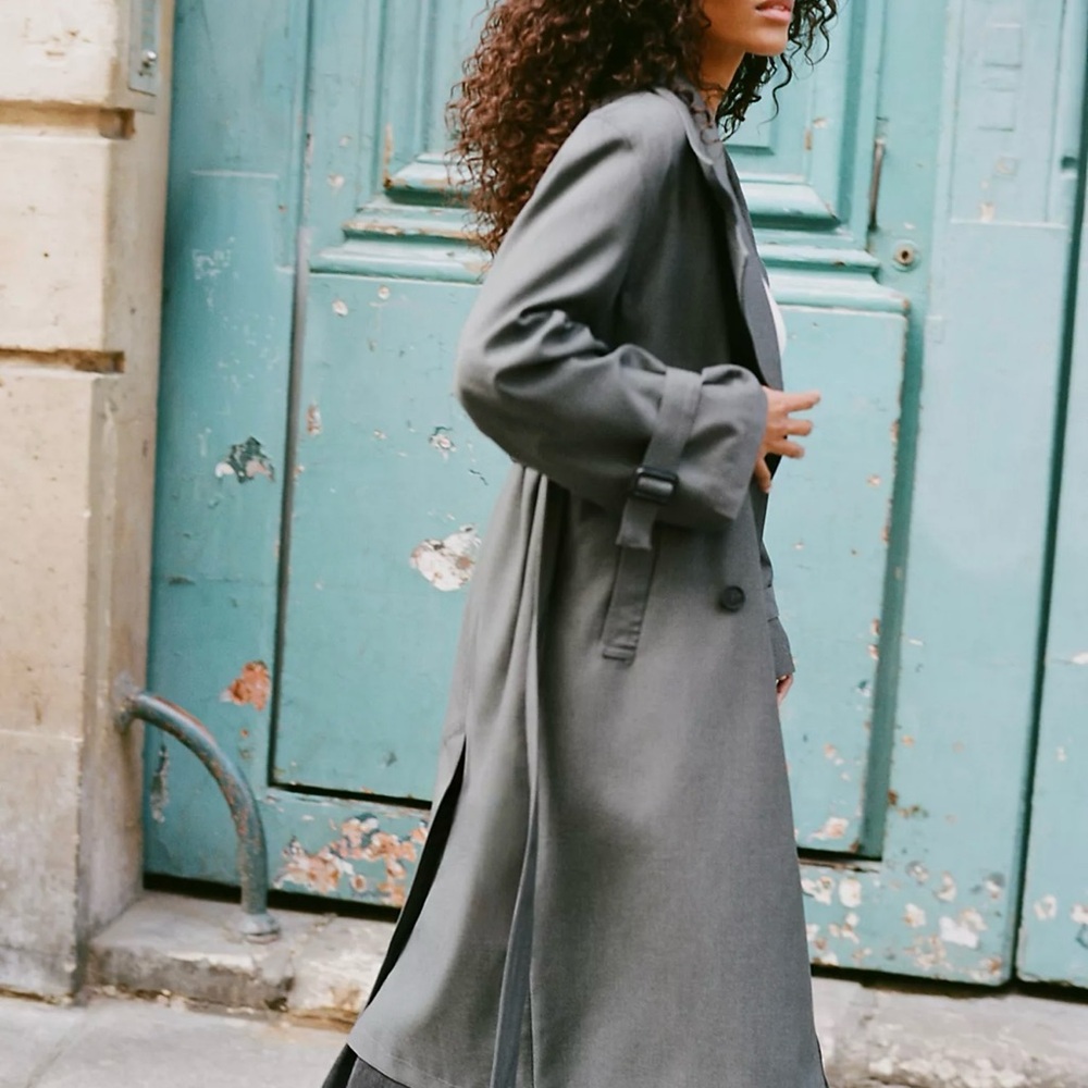 Free People Gray Belted Longline Trench Coat | NWT | Size Large - Picture 2 of 10